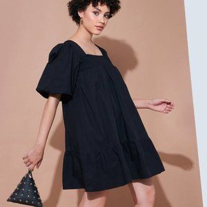 Black Cotton Poplin Puff Sleeves Tiered Dress